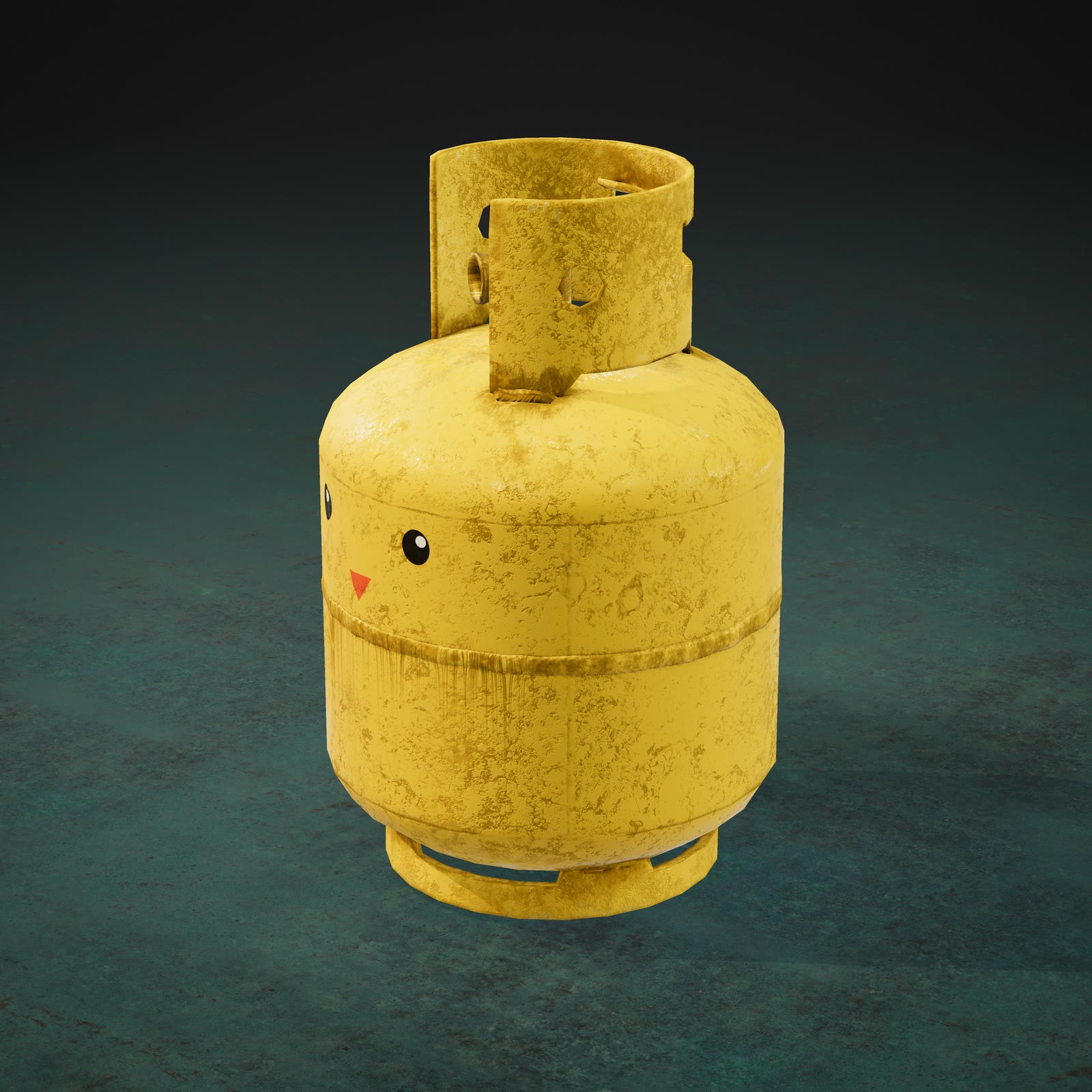A yellow refrigerant cylinder painted as a duckling against a dark green background.