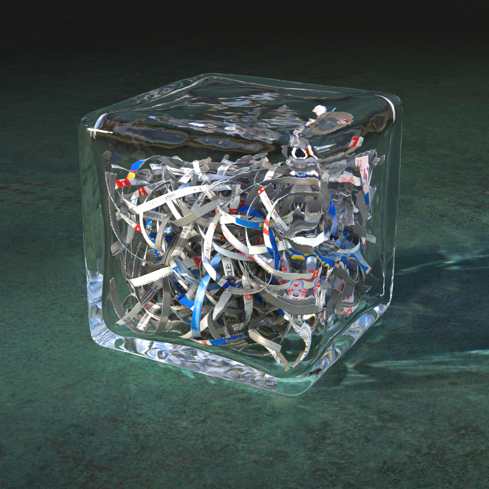 Render of glass block filled with shredded metal.
