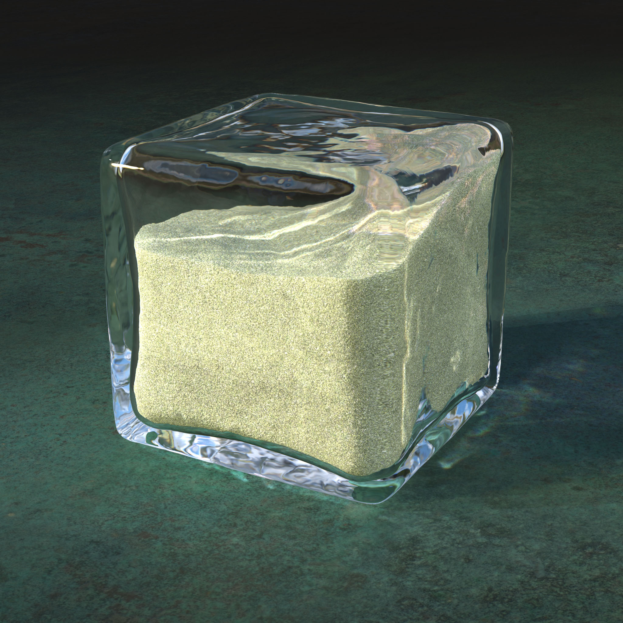 Render of glass block filled with olivine.