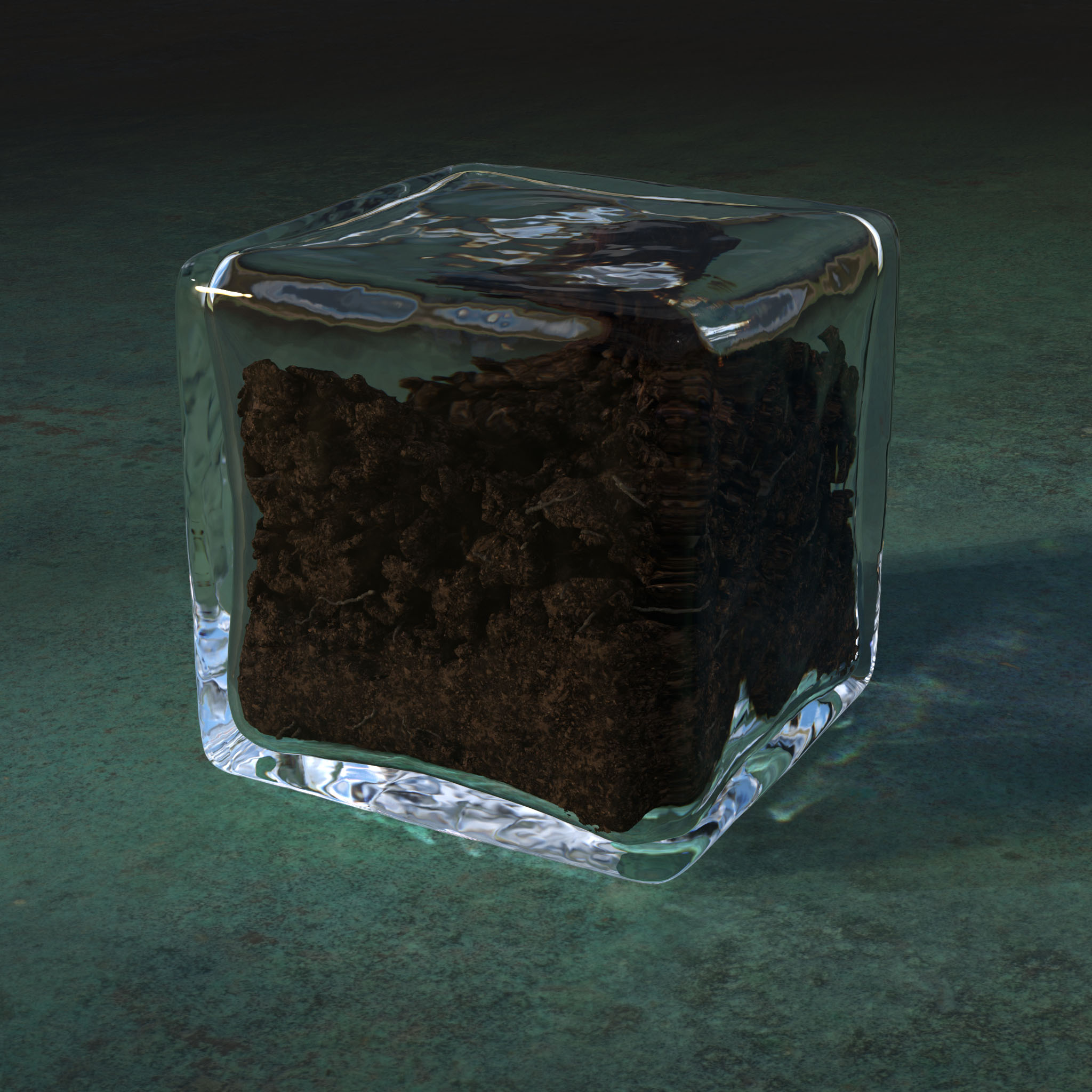 Render of glass block filled with carbon-rich soil.